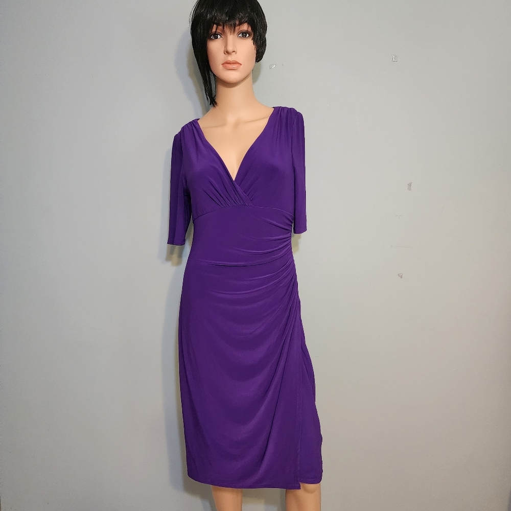 Lauren Ralph Lauren Women Purple Mid Sleeve V Neck Gathered Midi Sheath